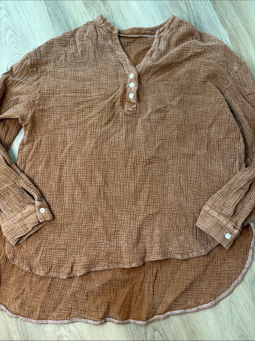 Dokotoo Crinkle Gauze Tunic Blouse Boho Henley Long Sleeve Top size large